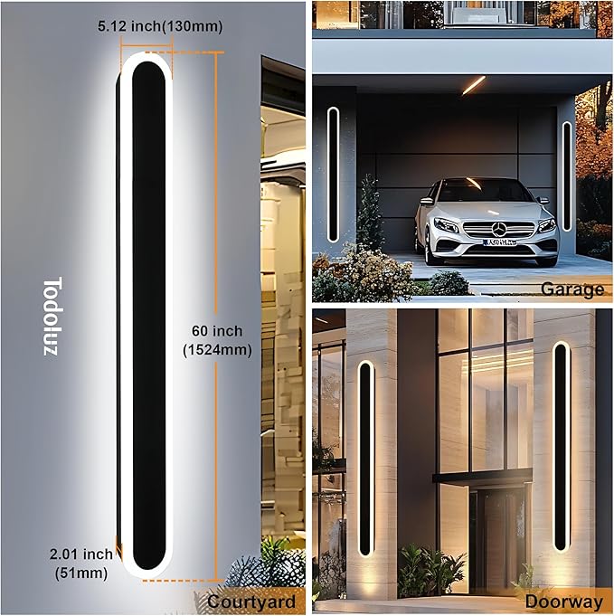 TODOLUZ 2-Pack 60-Inch Long Outdoor Wall Sconce, IP65 Waterproof Light Fixture with Build-in Integrated LED Chips for Garage House Porch, Wall Mounted Lamp 5 Color (3000K/3500K/4500K/5000K)
