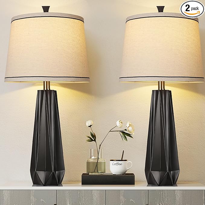 WIHTU 3 Color Temperature Table Lamps Set of 2, 27'' Black Modern Table Lamp for Living Room, Resin Desk Lamp with Linen Shade, Beside Lamp for Nightstands Bedroom Decor (2 Bulbs Included)