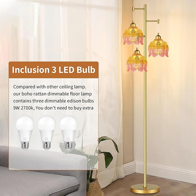 Glass Floor Lamp for Living Room,Bedroom,Gold Mid Century Modern Standing Lamp Brass Tree 3 Light Tall Floor Lamps Vintage Retro Floor Lights Flower Lamp Shade Farmhouse Boho Bohemian