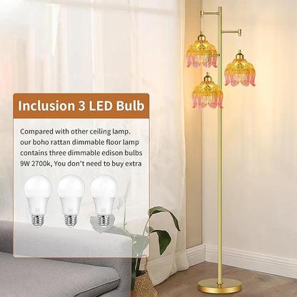 Glass Floor Lamp for Living Room,Bedroom,Gold Mid Century Modern Standing Lamp Brass Tree 3 Light Tall Floor Lamps Vintage Retro Floor Lights Flower Lamp Shade Farmhouse Boho Bohemian