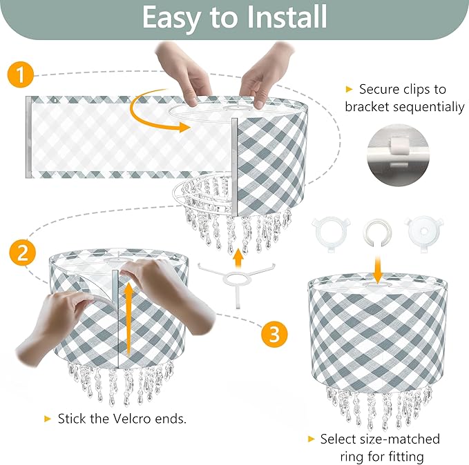 Teal & Grey Checkered Lamp Shade with Crystal Beaded Droplets, Drum Fabric Light Shade for Ceiling Pendant Table & Floor Lamps, Kid Boy Girl Teen Dorm Nursery Decor, 11.8in