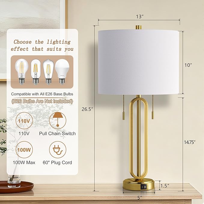 26.5" Set of 2 Industrial Table Lamps with USB C+ A Ports, Gold Metal Bedside Lamps, Pull Chain, Modern Farmhouse Nightstand Lamp for Bedroom, Living Room, Home Office with White Shade
