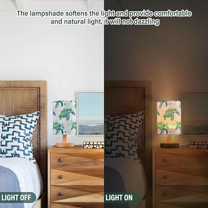 Bedside Lamp Sea Turtles Teal Table Lamp for Bedroom LED Nightstand Lamp Shade USB Ports Wood Base for Living Room Dorm Office