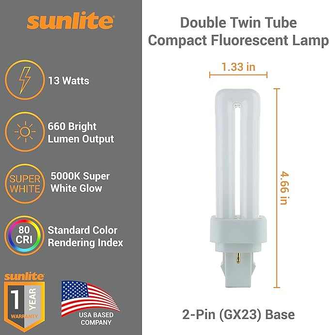 Sunlite 40542 PLD13/SP50K/10PK Double Twin Tube Compact Fluorescent Lamp, PLD 2-Pin, 13 Watts, 660 Lumens, 5000K Daylight, 2-Pin (GX23-2) Base, 10 Pack