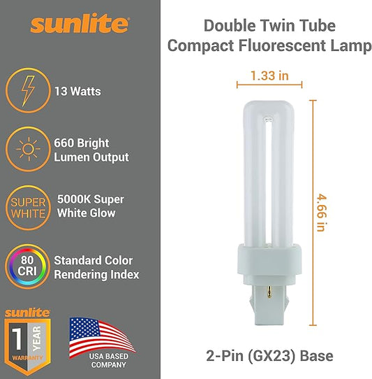 Sunlite 40542 PLD13/SP50K/10PK Double Twin Tube Compact Fluorescent Lamp, PLD 2-Pin, 13 Watts, 660 Lumens, 5000K Daylight, 2-Pin (GX23-2) Base, 10 Pack