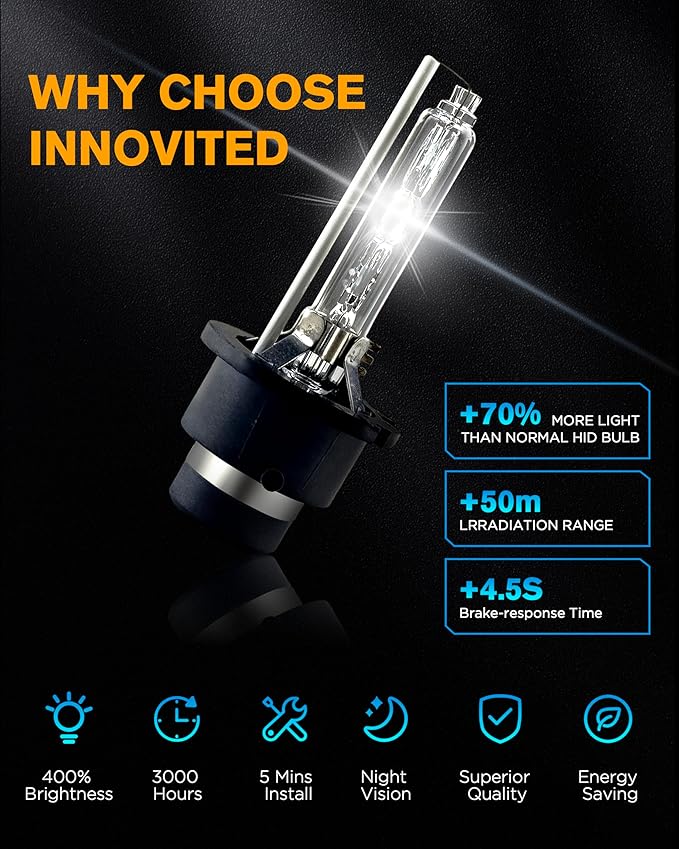 Innovited D2S HID Xenon Headlight Bulbs 4300K OEM Yellow High Low Beam 66040 66240 85122,etc Replacement Bulb - Pack of 2