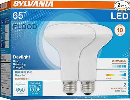 Sylvania LED Flood BR30 Light Bulb, 65W=8W, 10 Year, Medium Base, 650 Lumens, Dimmable, 5000K, Daylight - 2 Pack (73956)