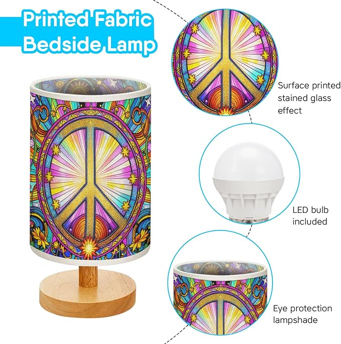 Hippie Table Lamp LED 3-Color Pressed Bedside, Hippie Shade Lamp with Wood Base for Bedroom Living Room Desk Office TL01