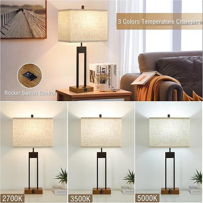 GyroVu 25.5'' Set of 2 Modern Bedroom Table Lamps with USB C+A Ports, Color Changeable, Brown Night Stand Lamps for Bedside, Guest Room, Office, Reading