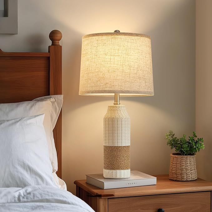 GyroVu Boho Rattan Table Lamps Set of 2, Bedside Table Lamps for Night Stands, Vintage Farmhouse Rattan Table Lamp Antique for Decoration, Bedroom, Living Room, Bedside Table