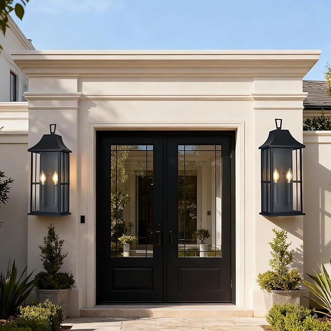 Outdoor Wall Sconce Waterproof Wall Lantern 2-Lights, 20.3" Large Outside Modern Wall Mount Light, Exterior Matte Black Porch Light with Glass for House Patio Garage,Bulbs Not Included