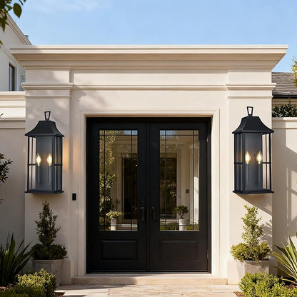 Outdoor Wall Sconce Waterproof Wall Lantern 2-Lights, 20.3" Large Outside Modern Wall Mount Light, Exterior Matte Black Porch Light with Glass for House Patio Garage,Bulbs Not Included