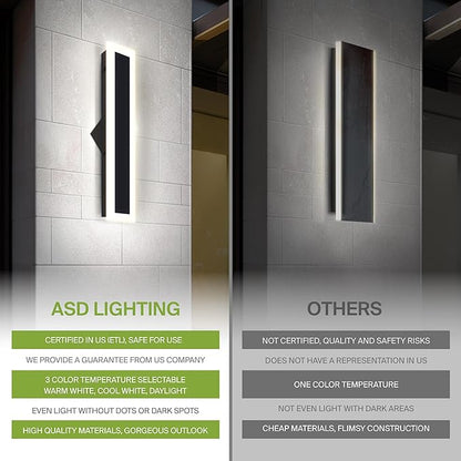 ASD LED 24" Long Wall Mount Light Fixture, Outdoor & Indoor Linear Sconce | 3CCT, Dimmable, Waterproof, Anti-Rust, ETL Listed | 24W 2000LM 3000-5000K 100-277V | Exterior Porch Lighting | Black