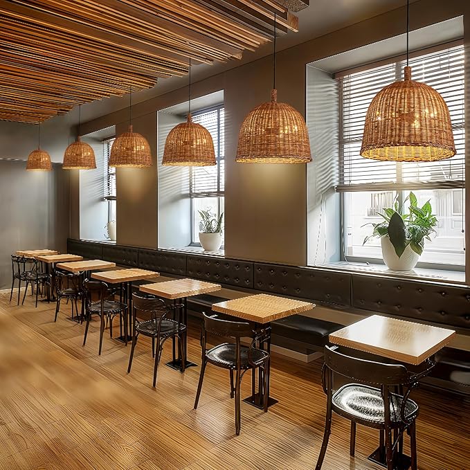 3-Light Dark Curry Rattan Pendant Light,13.77" Rustic Hanging Light,Brown Wicker Pendant Light Hand-Woven Rattan Chandelier for Workplace Dining Living Bedroom Kitchen Farmhouse