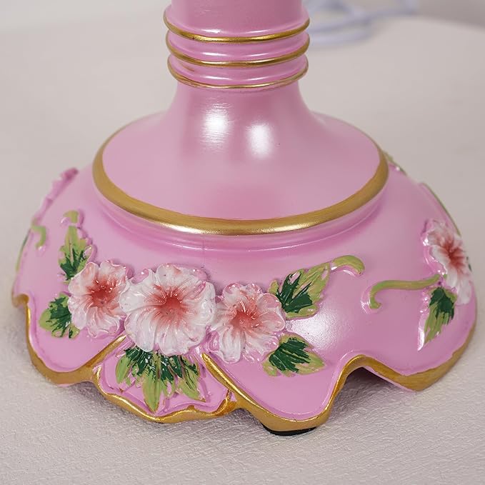 Cute Table Lamp with Fabric Lampshade, Antique Flower Decorative Bedside Desk Nightstand Lamp, Handmade Night Light for Bedroom Living Room (Pink)