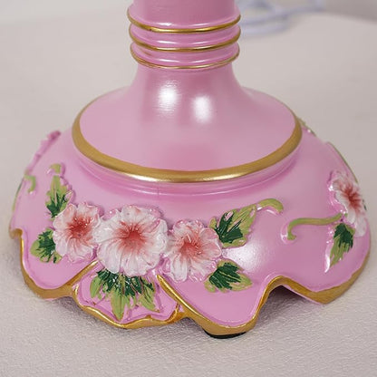 Cute Table Lamp with Fabric Lampshade, Antique Flower Decorative Bedside Desk Nightstand Lamp, Handmade Night Light for Bedroom Living Room (Pink)