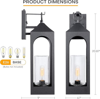 LamQee 20 Inch Dusk to Dawn Outdoor Wall Lights, Large Exterior Lighting Fixtures with Seeded Glass, Textured Black Modern Outdoor Sconces Wall Mount Lantern for House Porch Patio Garage Front Door
