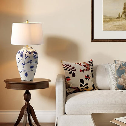 Tribesigns 27-Inch Table Lamp with Blue and White Porcelain Ginger Jar, Embossed Floral Ceramic Base with Fabric Shade for Living Room, Entryway, Nightstand for Bedroom