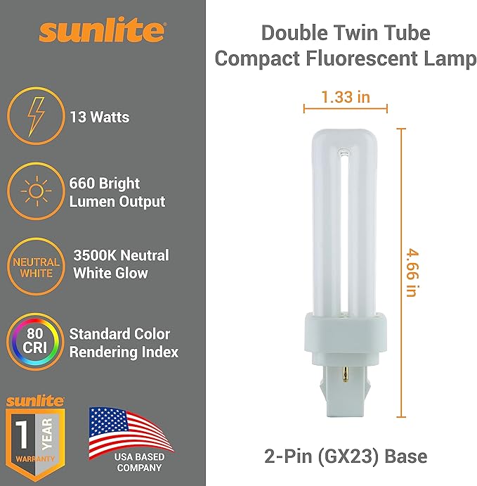Sunlite 40540 PLD13/SP35K/10PK Double Twin Tube Compact Fluorescent Lamp, PLD 2-Pin, 13 Watts, 660 Lumens, 3500K Neutral White, 2-Pin (GX23-2) Base, 10 Pack