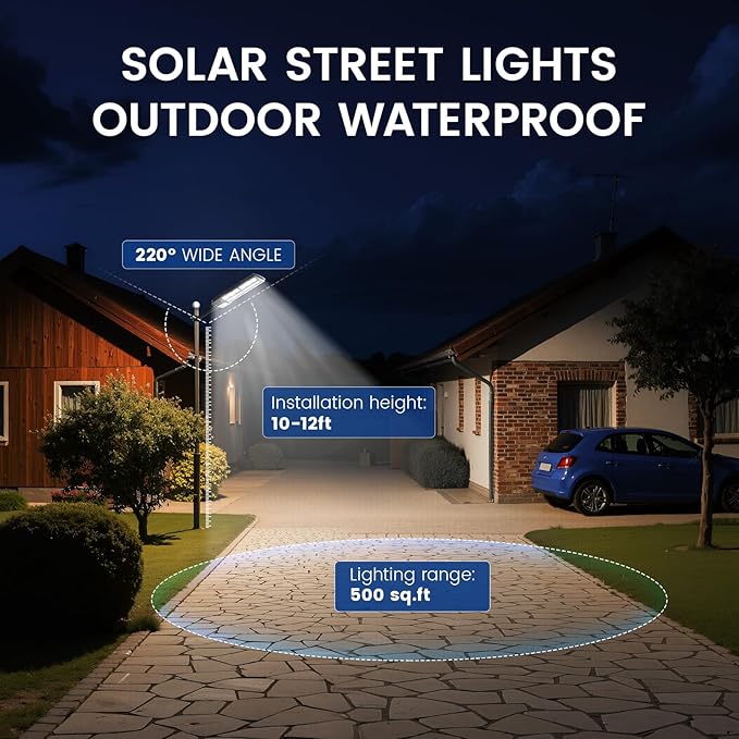 Solar Street Lights Outdoor, 10000K Ultra Bright LED, Waterproof IP65, Motion Sensor, Dusk to Dawn, Suitable for Commercial Area, Parking Lot, 4 Pack