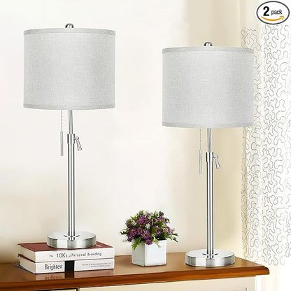 Table Lamps for Bedrooms Set of 2, 22" to 30" Height Adjustable Nightstand Lamps with Linen Shade, Pull Chain Switch Lamps for Living Room, 3 Way Dimmable Beside Lamp