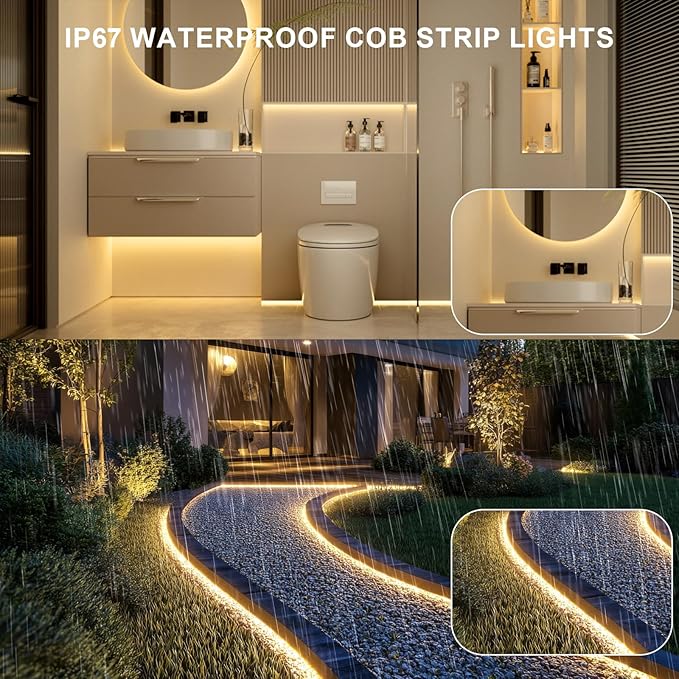 50ft COB Outdoor LED Strip IP67 Waterproof, 3000K Warm Whit DC24V Flexible LED Rope Strips with Remote & App Control Dimmable, DIY Lighting for Indoor, Outdoor, Bedroom, Garden, Patio