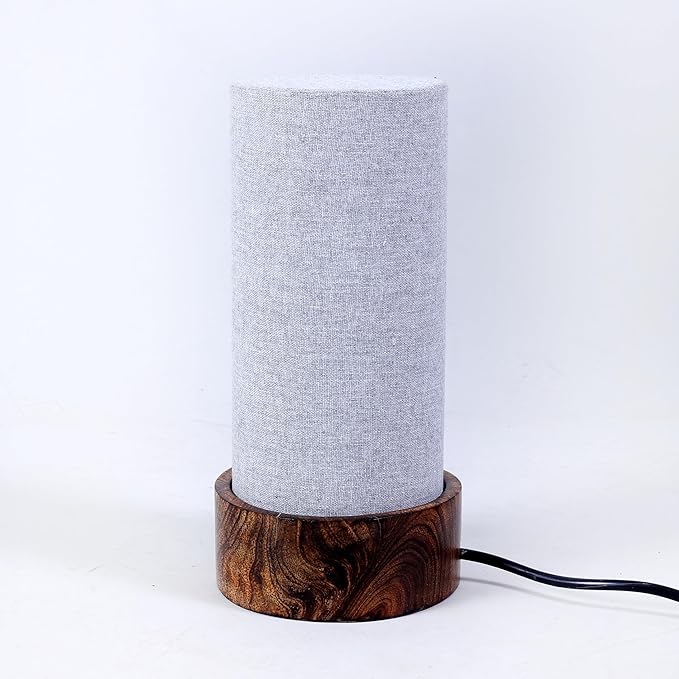 Bedside Small Lamp Wood Base Round Fabric Shade Table Lamp for Living Room, Desk, Lamp for Living Room, Bedside Lamp, Room Decor, Wooden Base Grey Color