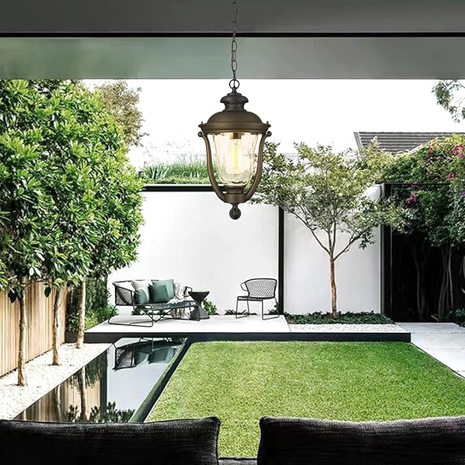 Outdoor Pendant Lights,Modern Exterior Hanging Porch Light,Height Adjustable Outside Hanging Lantern Matte Black Vintage for Enterance,Gazebo, Foyer, Water Ripple Glass Lamp Shade