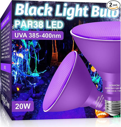 PAR38 Flood Lights Outdoor,Dimmable LED Flood Light Bulbs,20W(Equivalent to 200W),E26 Base,Outdoor Porch,Holiday Lighting,LED Flood Light Bulb for Halloween,Christmas,2 Pack Black Light