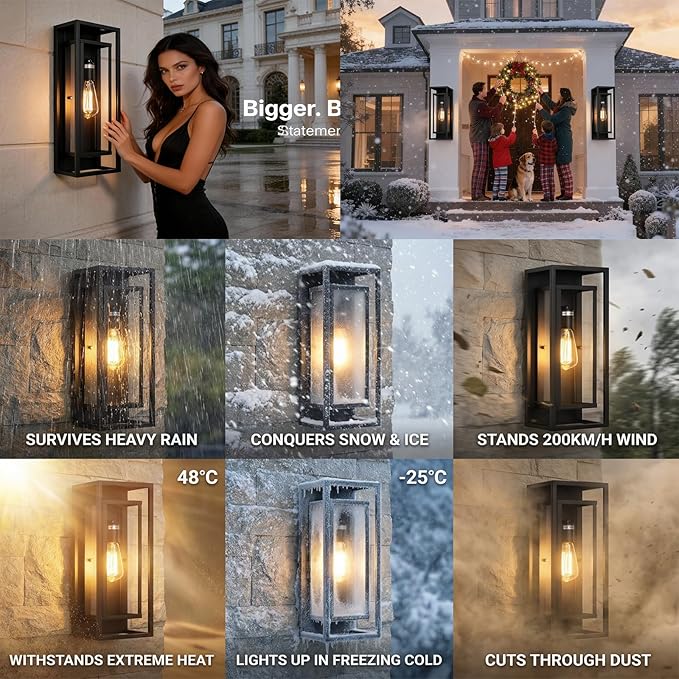 2Pack 18inch Outdoor Wall Light Fixtures, Exterior Waterproof Modern Matte Black Wall Lamps with Glass Shades,E26 Sockets Porch Light for Front Door Patio Entryway