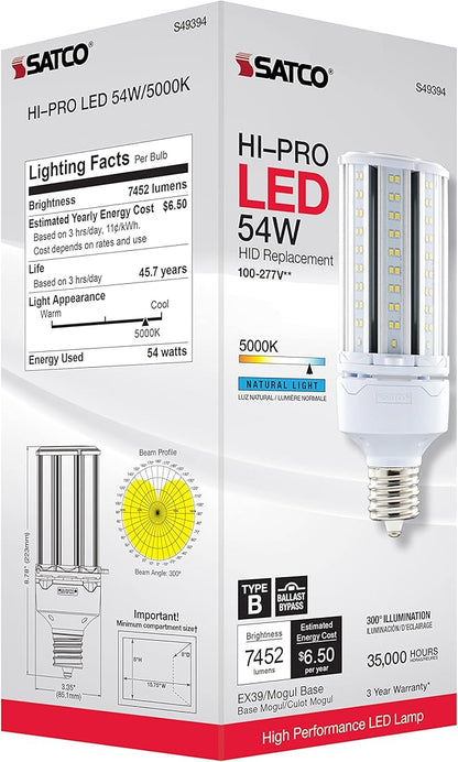 Satco S49394 Hi-Pro High Lumen LED Corncob Light Bulb, HID Replacement, 54 Watts, White