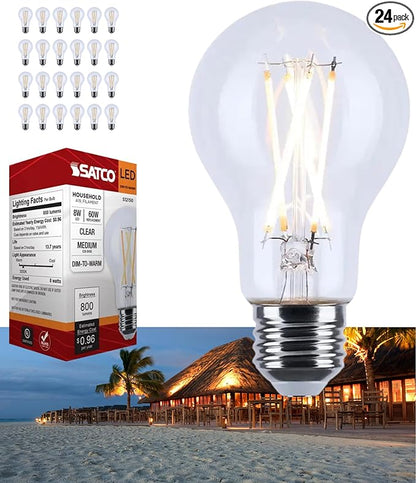 Satco S12150 8W LED A19 Bulb, Warm Dimming 3000K-2000K, 800 Lumens, 90 CRI, 60W Replacement, Clear Glass, E26 Medium Base, Enclosed Fixture Rated, Dimmable, 120 Volt (24 Pack)