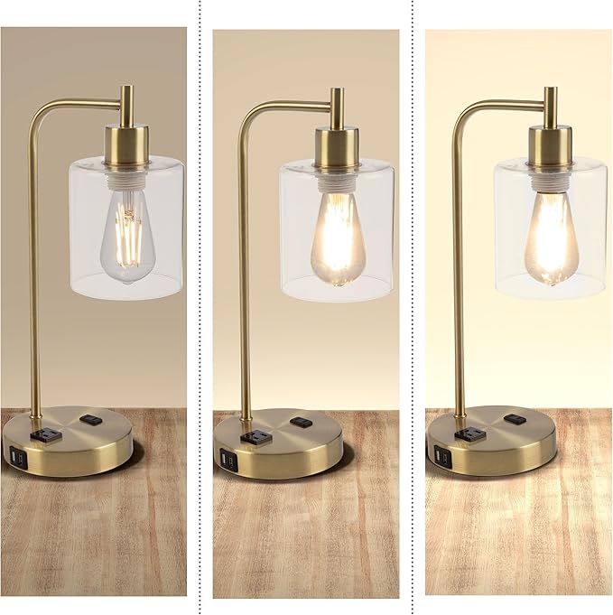 Lavish Home Set of 2 Table Lamps - Industrial Lamps with USB Ports, Touch Control, and Edison Bulb - Living Room, Office, or Bedroom Decor (Gold)