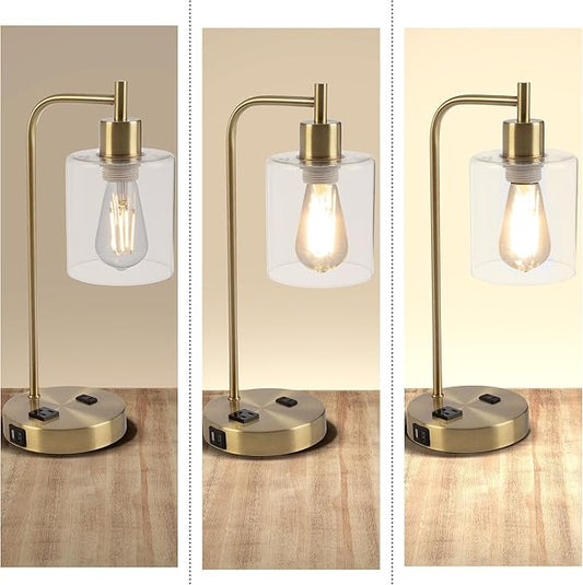 Lavish Home Set of 2 Table Lamps - Industrial Lamps with USB Ports, Touch Control, and Edison Bulb - Living Room, Office, or Bedroom Decor (Gold)