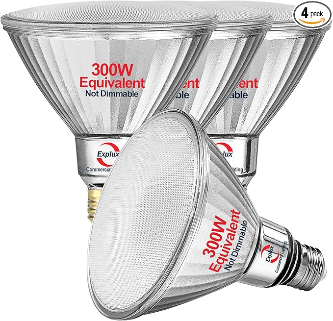 Explux 300 Watt Equivalent PAR38 LED Flood Light Bulb, Ultra Bright 4100 Lumens, Non-Dimmable, Full-Glass Outdoor Waterproof & Anti-Ageing, Daylight 5000K, 4-Pack