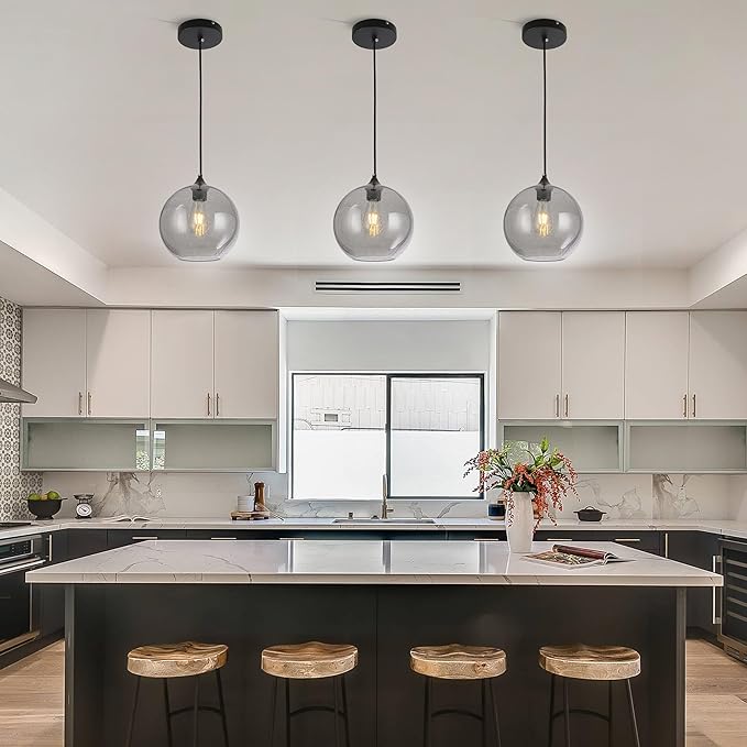 Grey Glass Pendant Lights Kitchen Island Lighting Modern Globe Pendant Light Fixtures Modern Pendant Lights for Kitchen Island Bedroom Living Dining Room Light Fixture-9.8inch,2Pack