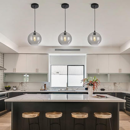 Grey Glass Pendant Lights Kitchen Island Lighting Modern Globe Pendant Light Fixtures Modern Pendant Lights for Kitchen Island Bedroom Living Dining Room Light Fixture-9.8inch,2Pack