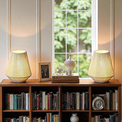 JHY DESIGN Set of 2 Woven Lampshade Table Lamps 8" H Cotton Rope Bedside Light‌s Cordless Decorative Battery Operated Lamps with 6 Hours Timer for Bedroom Living Room Home Parties Patio Events