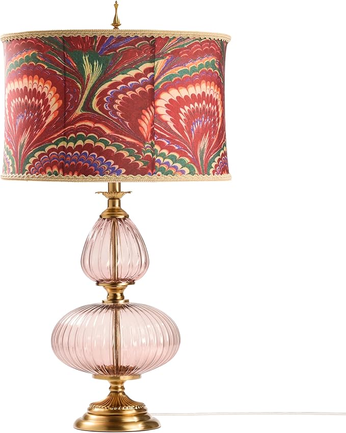 River of Goods 31.5" H Dash Red Printed Drum Shade Geometric Pink Glass Table Lamp