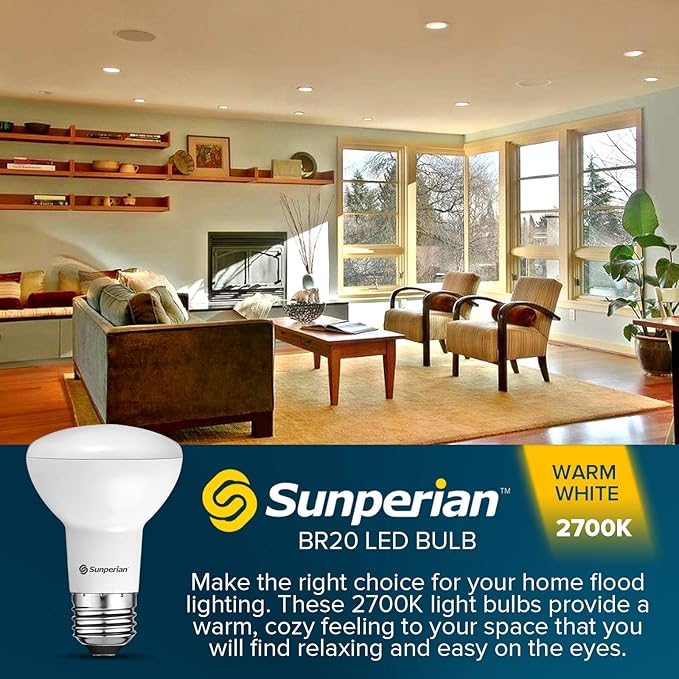 SUNPERIAN BR20 LED Bulb, 6W=50W, 2700K Warm White, 550 Lumens, Dimmable Flood Light Bulbs for Recessed Cans, Enclosed Fixture Rated, Damp Rated, UL Listed, E26 Standard Base (4 Pack)
