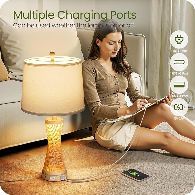 24.4”Farmhouse Rattan Table Lamps Set of 2, Touch Bedside Lamps for Bedroom with 3-Way Dimmable Night Light, USB A+C Charging Ports, Bamboo Boho Nightstand Lamps, White, W04TC05