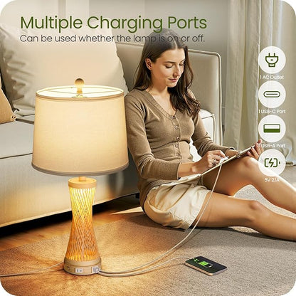 24.4”Farmhouse Rattan Table Lamps Set of 2, Touch Bedside Lamps for Bedroom with 3-Way Dimmable Night Light, USB A+C Charging Ports, Bamboo Boho Nightstand Lamps, White, W04TC05
