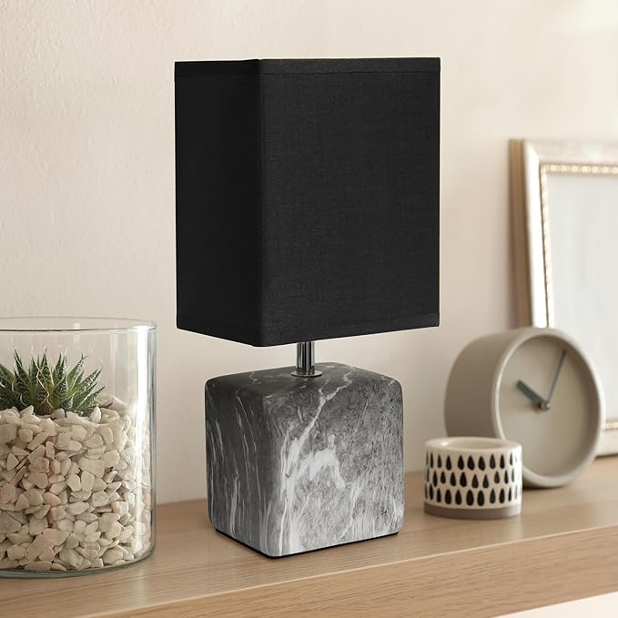 Simple Designs LT1217-BOB 11.81" Mini Marble Ceramic Cube Table Lamp, for Living Room, Bedroom, Office, Black with Black Shade