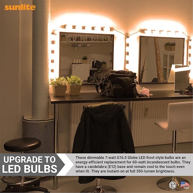 Sunlite G16.5 Light Bulb LED, 7 Watts (60W Equiv.), 500 Lumens, Dimmable, Type G Globe Shape E12 Candelabra Base, Short Bulbs, Vanity Mirror Bulbs, 2700K Soft White, Frosted, 3 Count