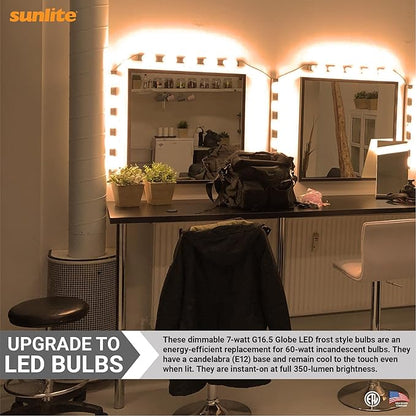 Sunlite G16.5 Light Bulb LED, 7 Watts (60W Equiv.), 500 Lumens, Dimmable, Type G Globe Shape E12 Candelabra Base, Short Bulbs, Vanity Mirror Bulbs, 2700K Soft White, Frosted, 3 Count