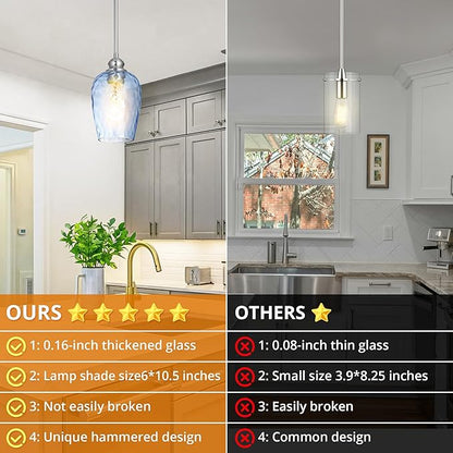Glass Pendant Lights Kitchen Island, Brushed Nickel Pendant Light Fixtures with Hand-Blown Clear Glass, Modern Hanging Light for Kitchen Sink Dining Room Bedroom, E26 (Blue, 2pack)