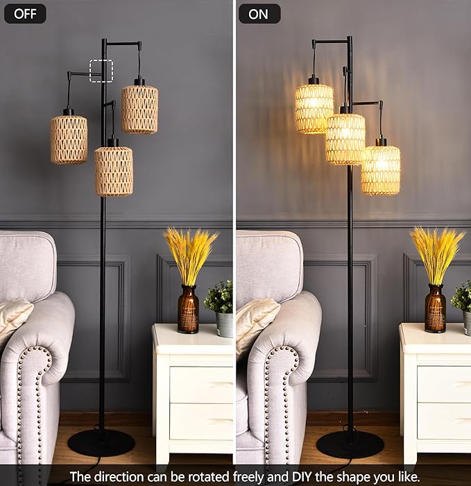 Floor Lamp for Living Room,Bedroom,3-Lights Boho Rattan Tree Floor Lights,Industrial Black Farmhouse Standing Lamp Wicker Rustic Tall Lamp,Woven Bamboo LampShade Floor Lamps Bohemian