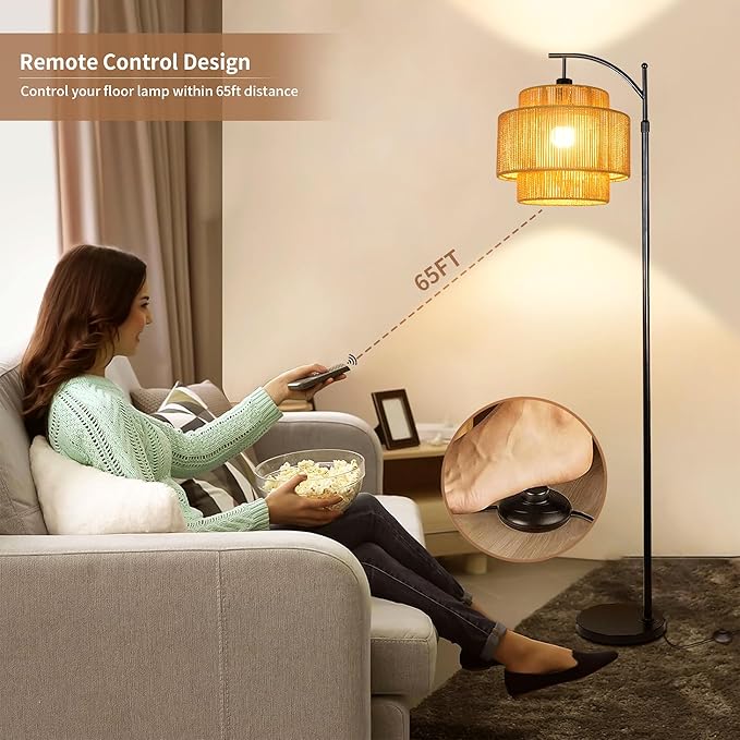 Rattan Floor Lamp for Living Room Bedroom Boho Arc Standing Lamp with Remote Dimmable Black Farmhouse Wicker Bamboo Lamp Shade Floor Light Tall Lamp Industrial Floor Lamps Bohemian Decor