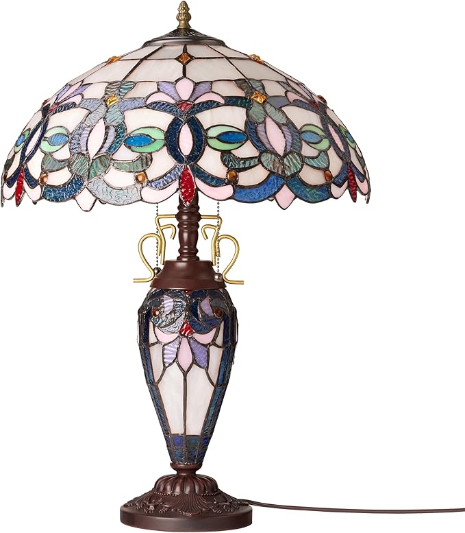 RIVER OF GOODS 24.5" H Victorian Ivory Dome Shade Double Lit Tiffany-Style Stained Glass Table Lamp
