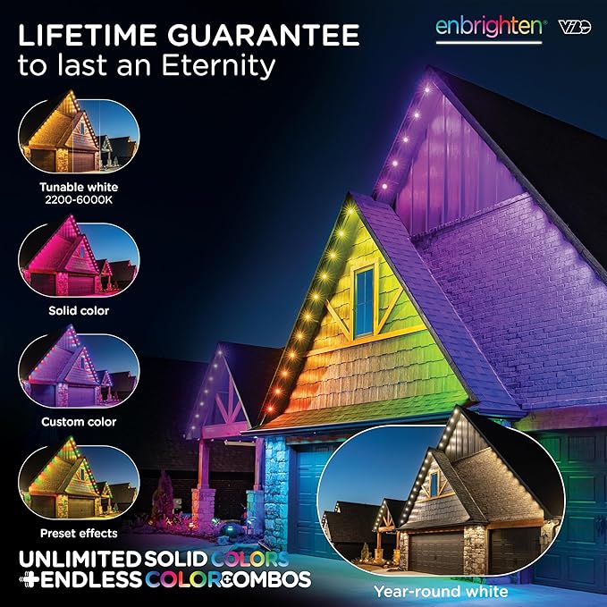 Enbrighten Vibe Eternity Permanent Outdoor Lights for House, 100 Feet, 72 RGBWIC LEDs, Close Spacing, 33lm, Color Changing, Christmas, Eave Lighting, Smart App, Works with Alexa, Google Home, 82730